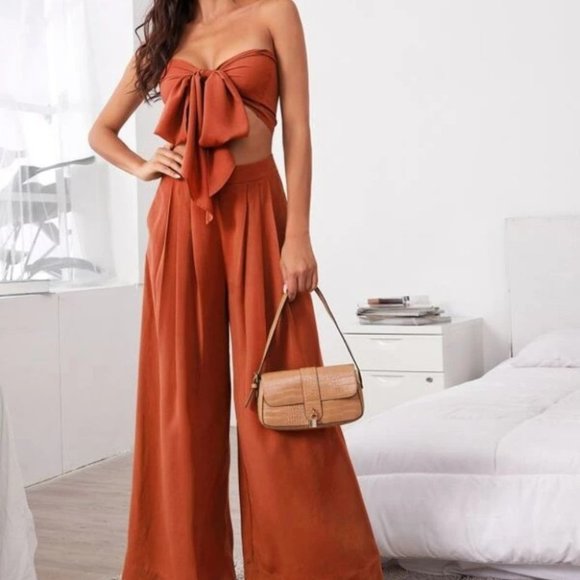 . Pants - Tie Front Tube Top & Pleated Wide Leg Pants Set  burnt orange